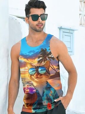 Men's Blue Tropical Cat Print Tank Top